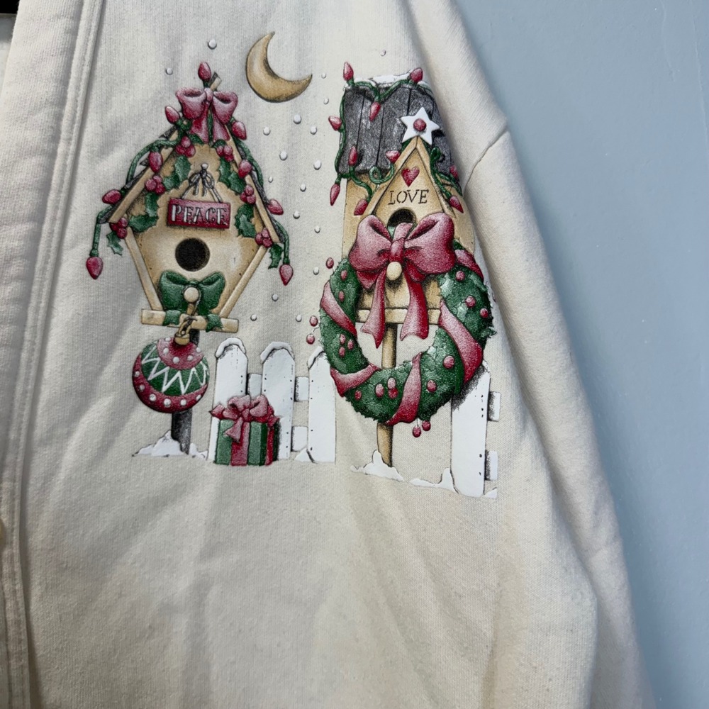 Y-Tex Knit Vintage Christmas Birdhouse Sweatshirt Cardigan Off White OSFA USA - Picture 5 of 8